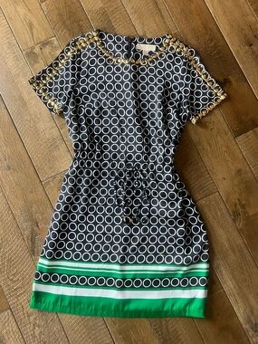 Michael Kors Navy & White Circle-Print Dress with Green Hem and Gold StuddedTrim